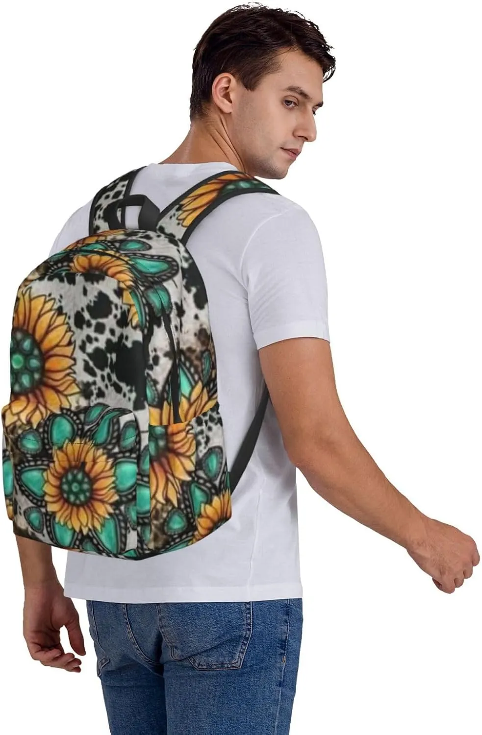 Sunflower Cow Print Backpack Casual Laptop Backpack Large Capacity Double Shoulder Bag Travel Daypack For Women Men