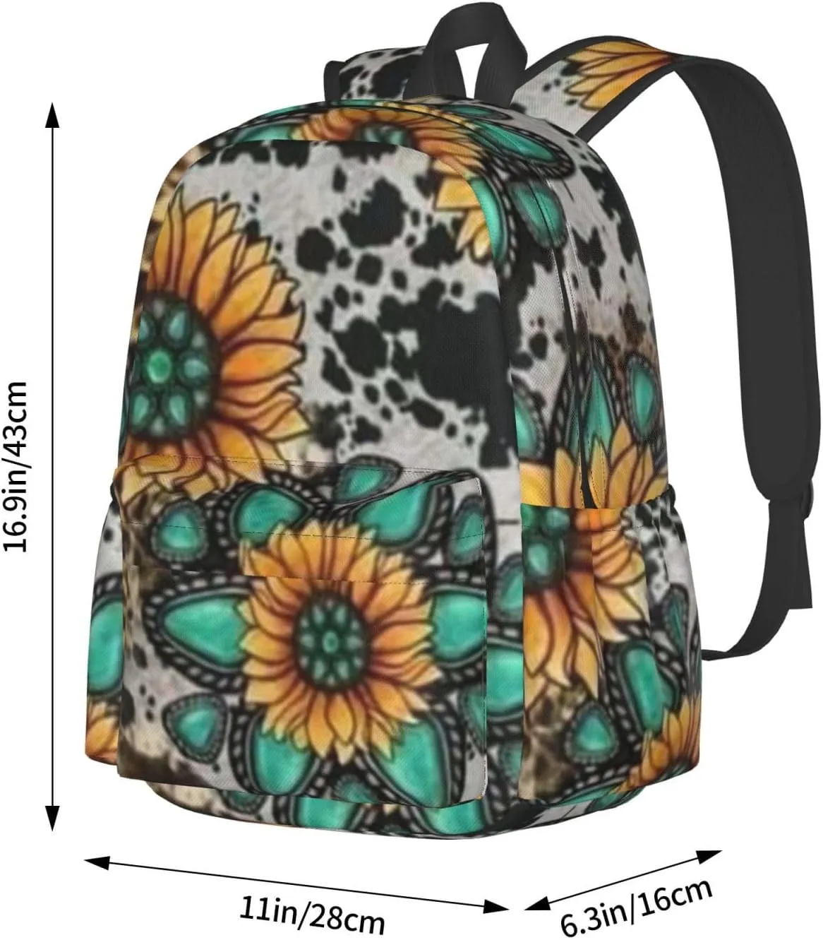 Sunflower Cow Print Backpack Casual Laptop Backpack Large Capacity Double Shoulder Bag Travel Daypack For Women Men