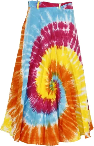 Sunshine Joy Hippie Wrap Skirt with Hidden Zippered Waist Pocket - Rainbow Tie Dye