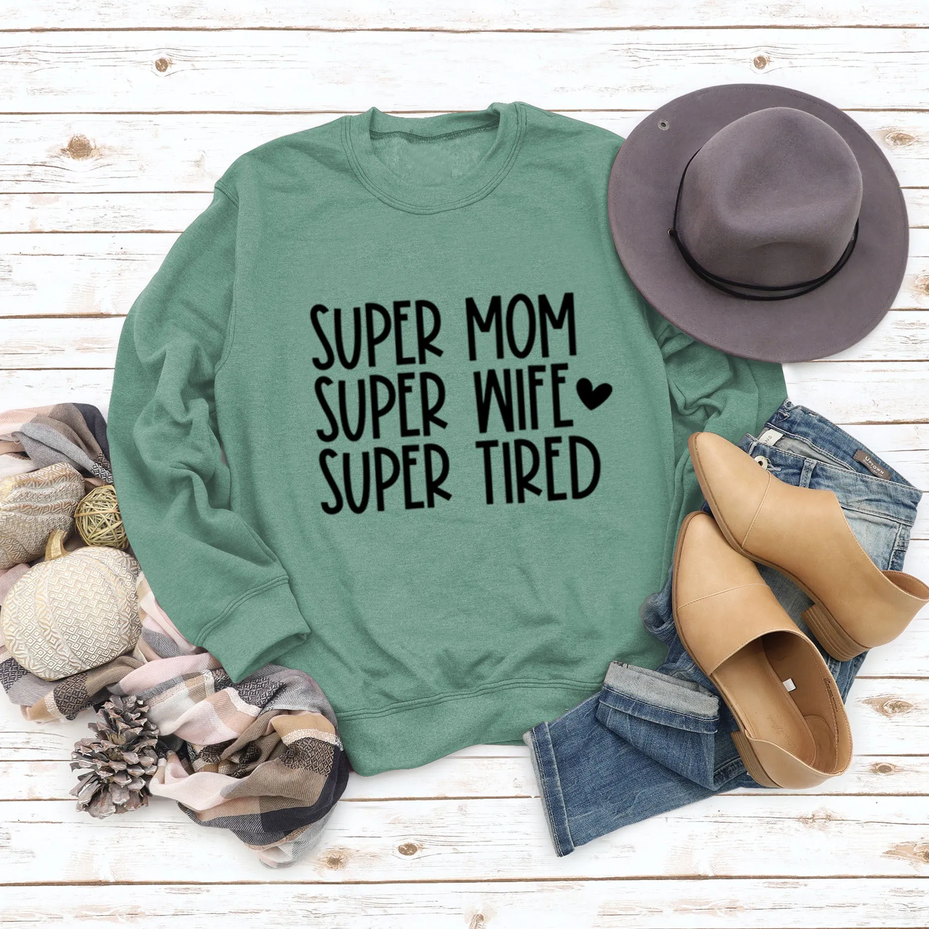 SUPER MOM SUPER WIFE LETTERS HEART BASE LONGSLEEVE DRESS WOMEN