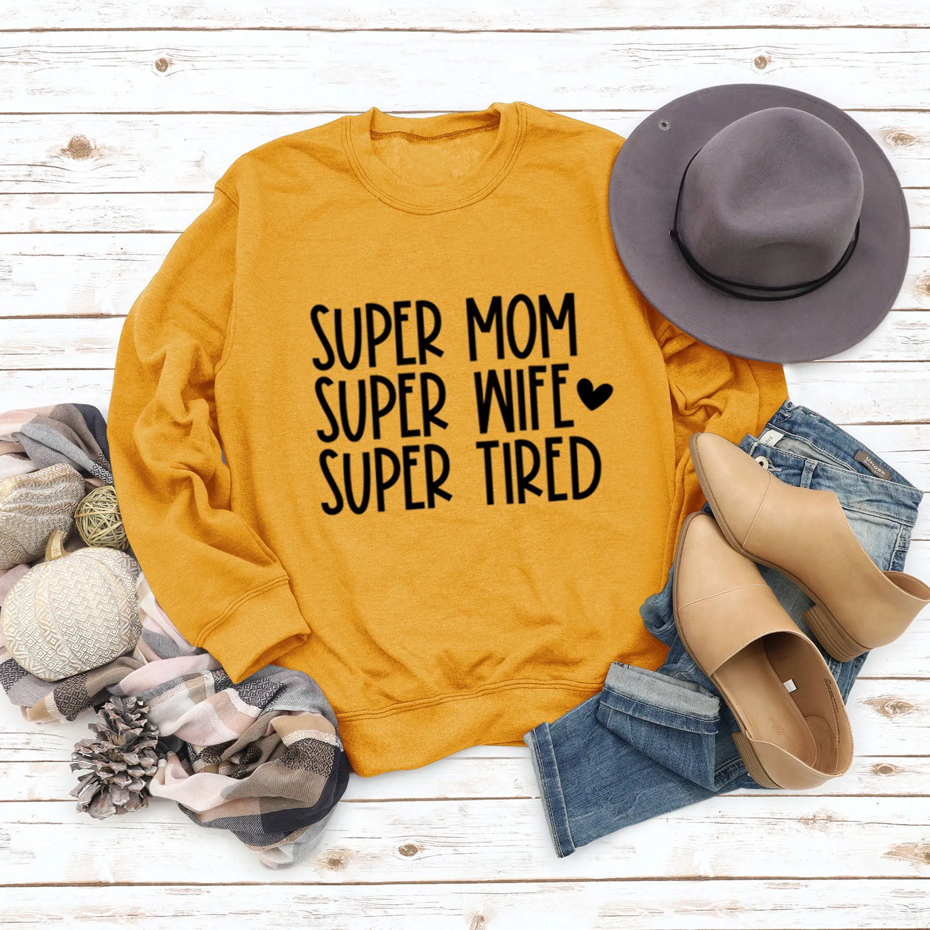 SUPER MOM SUPER WIFE LETTERS HEART BASE LONGSLEEVE DRESS WOMEN