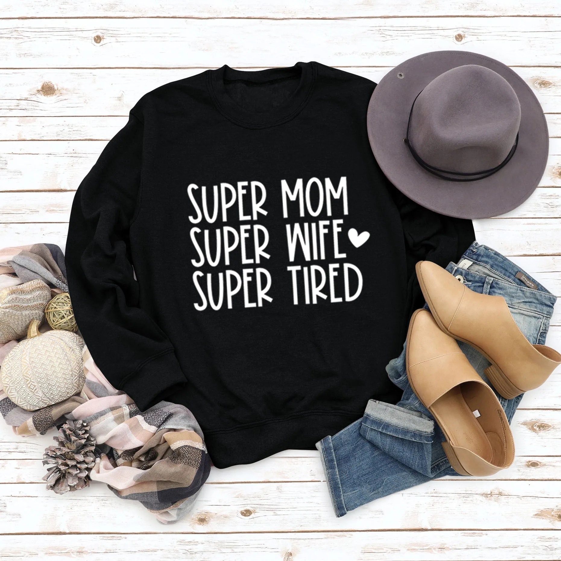 SUPER MOM SUPER WIFE LETTERS HEART BASE LONGSLEEVE DRESS WOMEN
