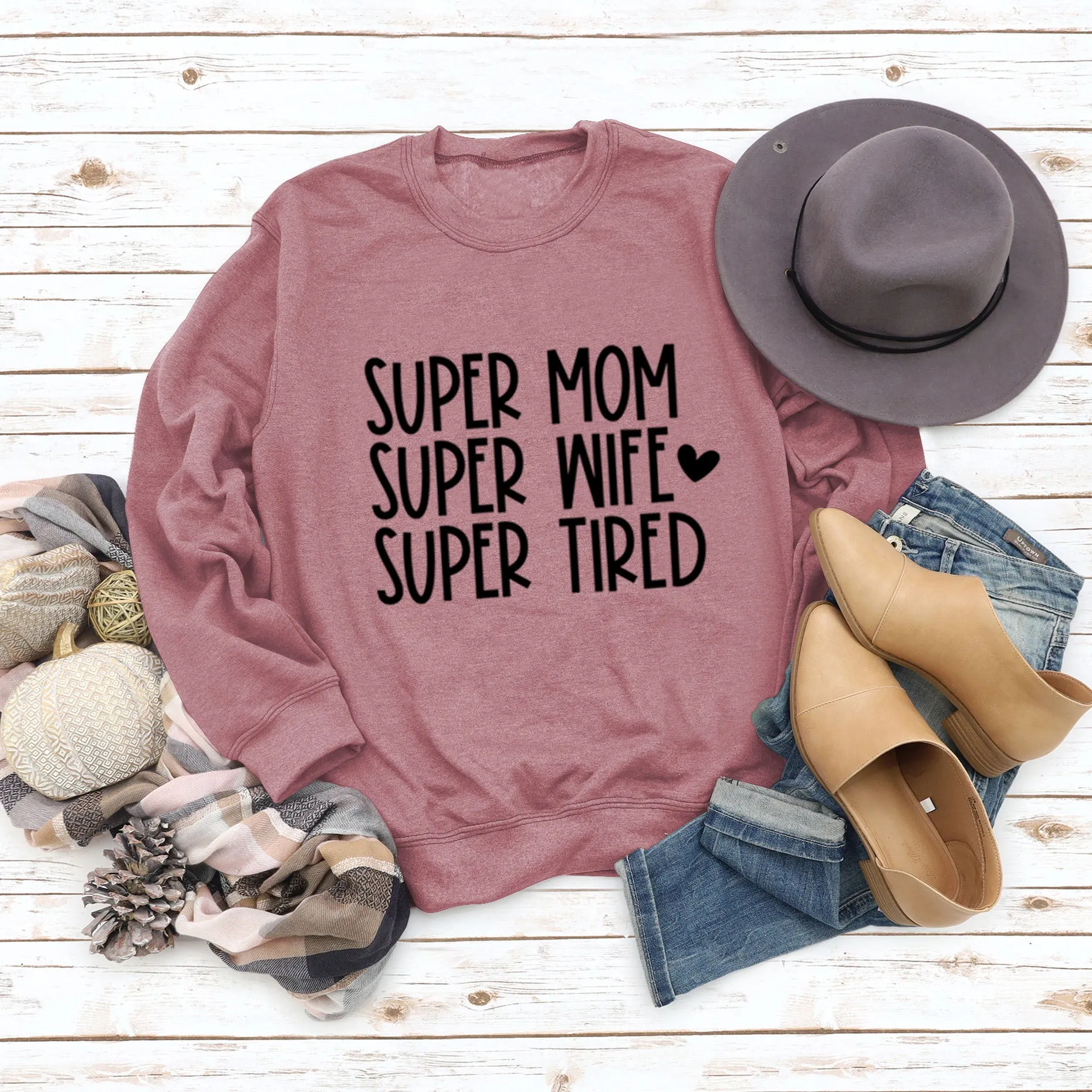 SUPER MOM SUPER WIFE LETTERS HEART BASE LONGSLEEVE DRESS WOMEN