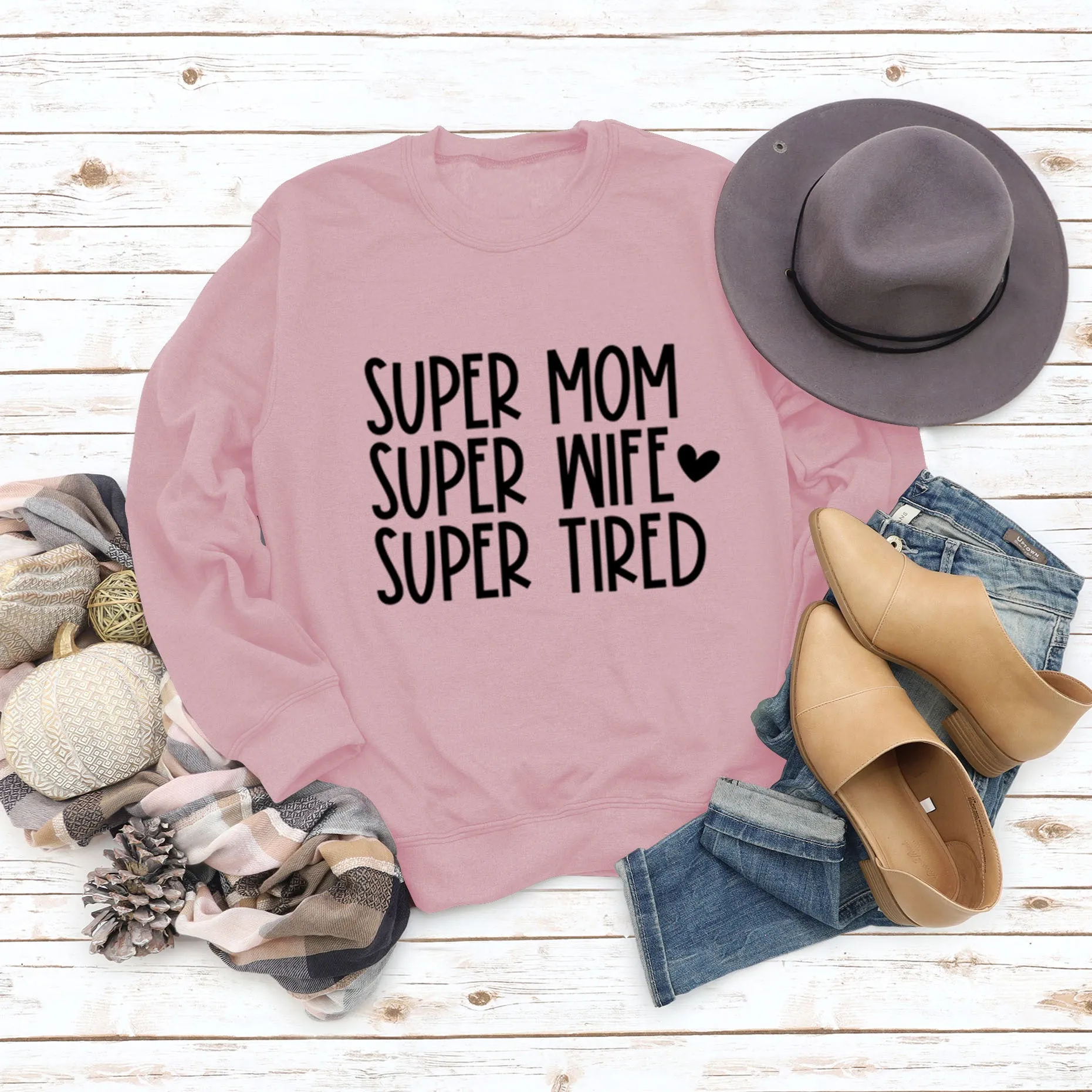 SUPER MOM SUPER WIFE LETTERS HEART BASE LONGSLEEVE DRESS WOMEN