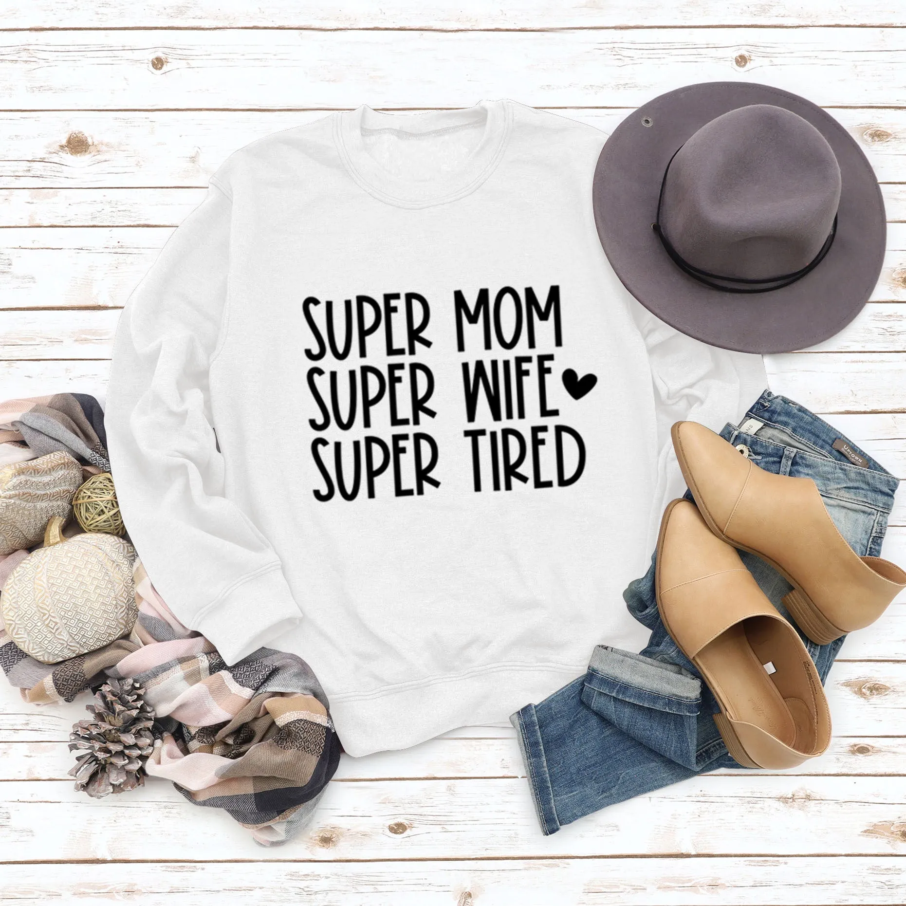 SUPER MOM SUPER WIFE LETTERS HEART BASE LONGSLEEVE DRESS WOMEN