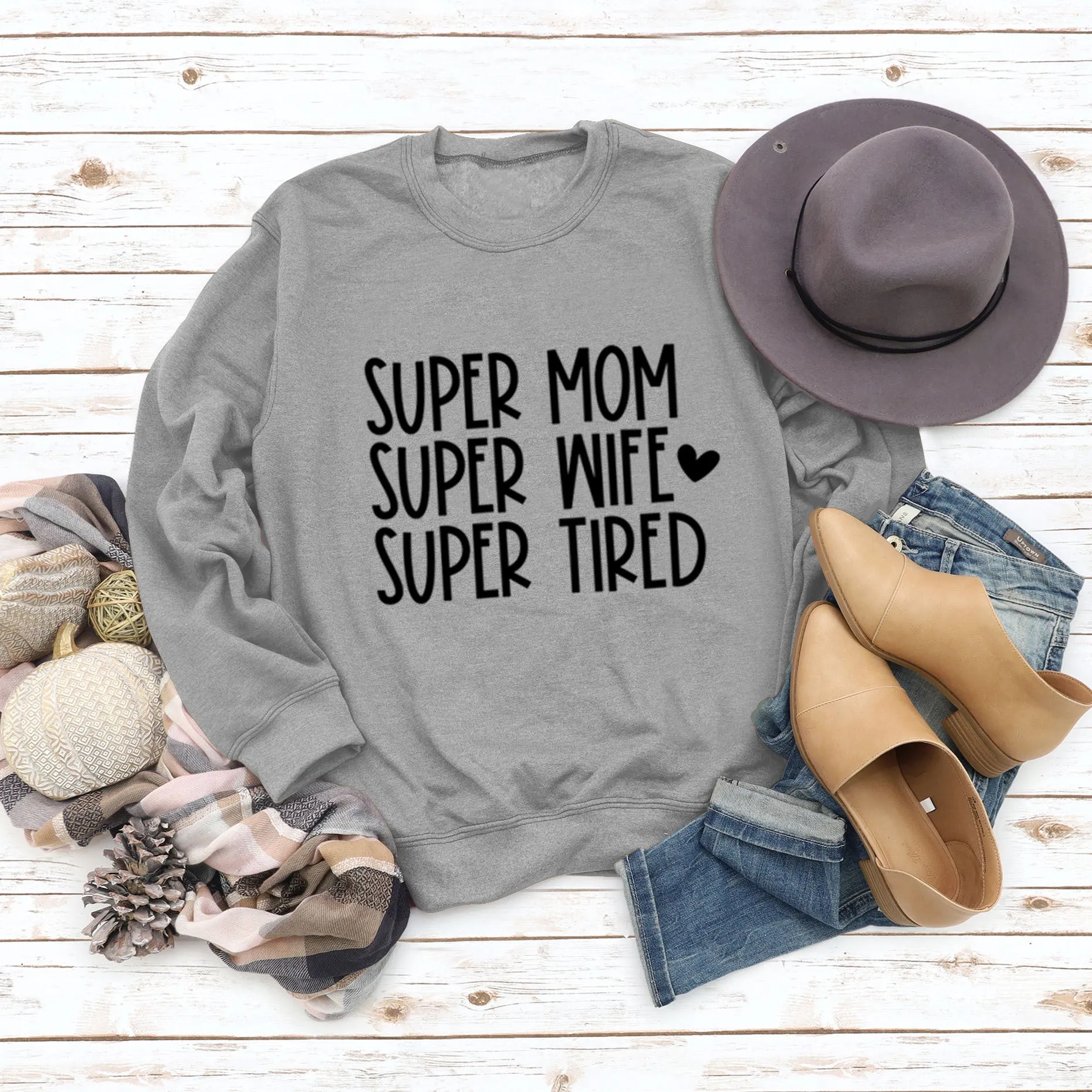 SUPER MOM SUPER WIFE LETTERS HEART BASE LONGSLEEVE DRESS WOMEN