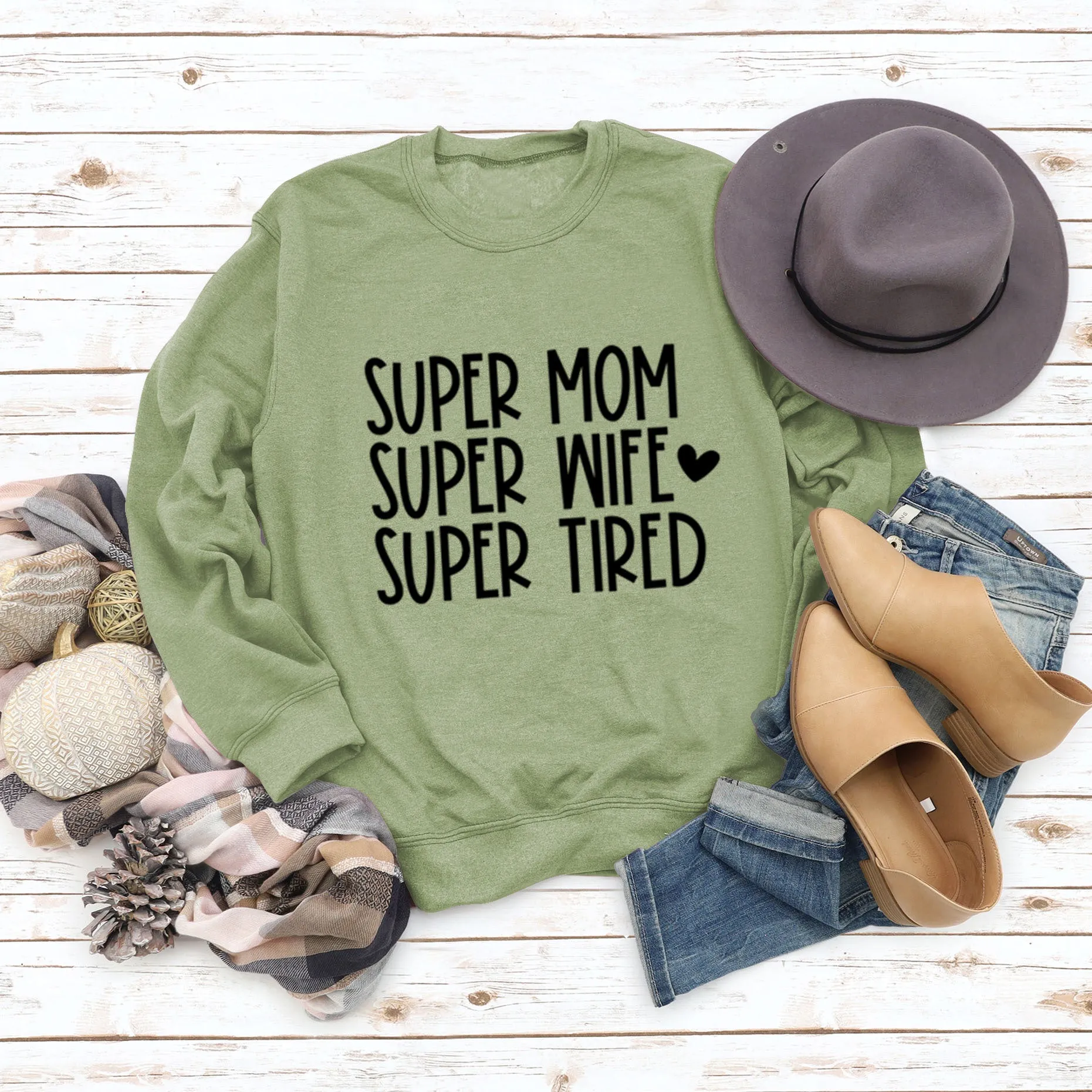 SUPER MOM SUPER WIFE LETTERS HEART BASE LONGSLEEVE DRESS WOMEN