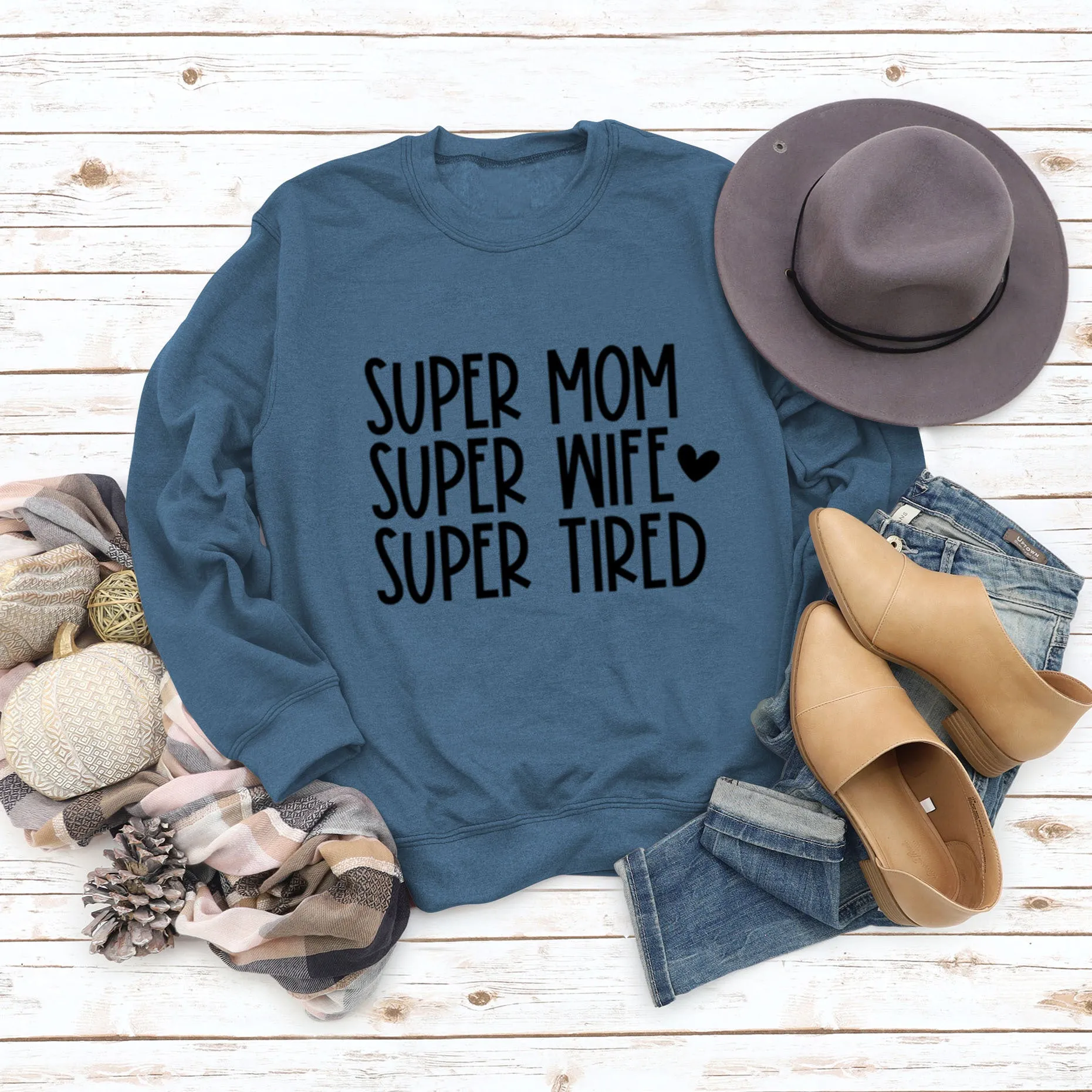 SUPER MOM SUPER WIFE LETTERS HEART BASE LONGSLEEVE DRESS WOMEN