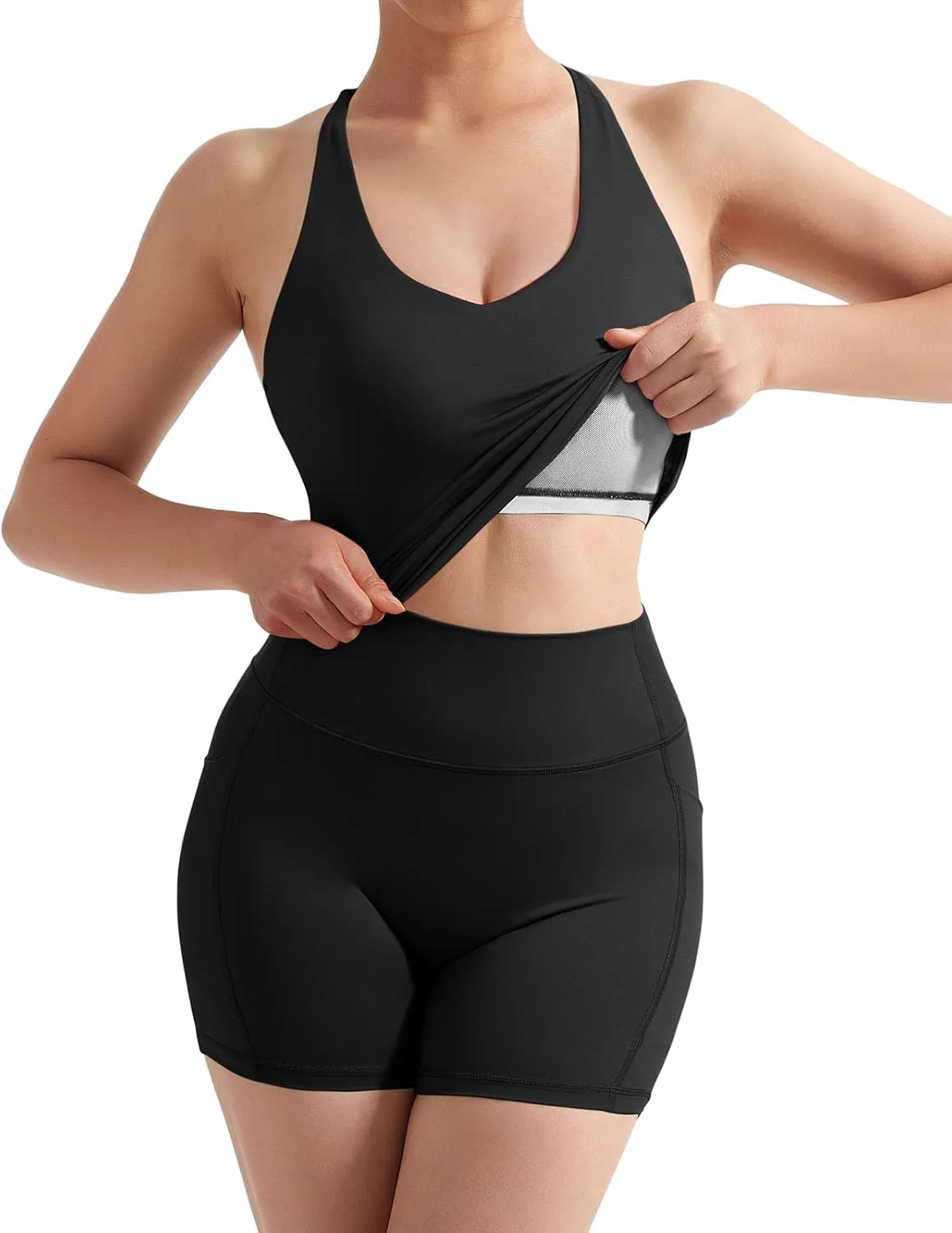 SUUKSESS Women 2 Piece Workout Sets Scrunch Butt Shorts with Pockets Padded Tank Tops