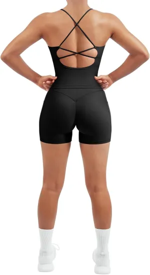 SUUKSESS Women 2 Piece Workout Sets Scrunch Butt Shorts with Pockets Padded Tank Tops