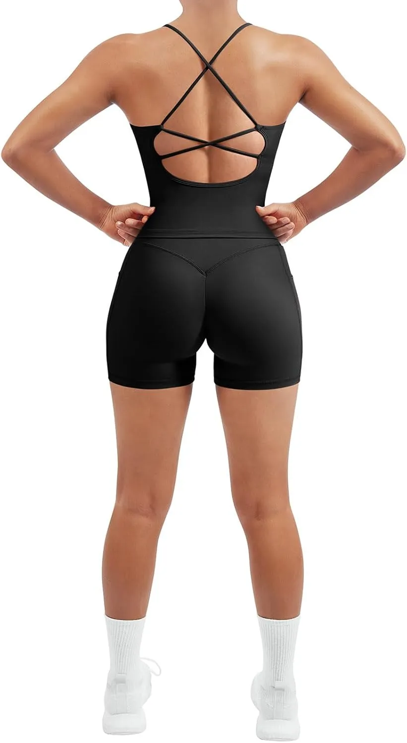 SUUKSESS Women 2 Piece Workout Sets Scrunch Butt Shorts with Pockets Padded Tank Tops