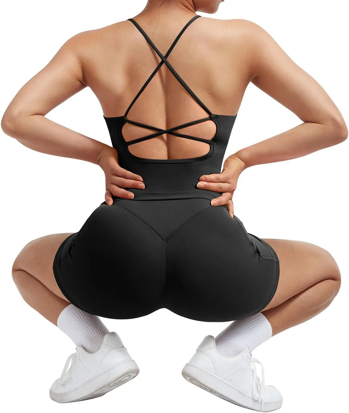 SUUKSESS Women 2 Piece Workout Sets Scrunch Butt Shorts with Pockets Padded Tank Tops