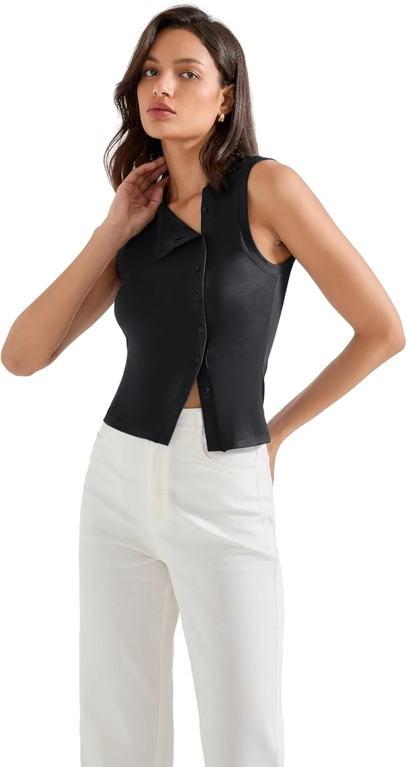 SUUKSESS Women Button Down Tank Top Sleeveless Summer Casual Vest Business Work Fitted Shirt