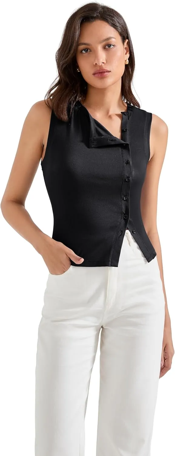 SUUKSESS Women Button Down Tank Top Sleeveless Summer Casual Vest Business Work Fitted Shirt