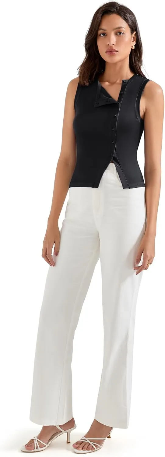 SUUKSESS Women Button Down Tank Top Sleeveless Summer Casual Vest Business Work Fitted Shirt