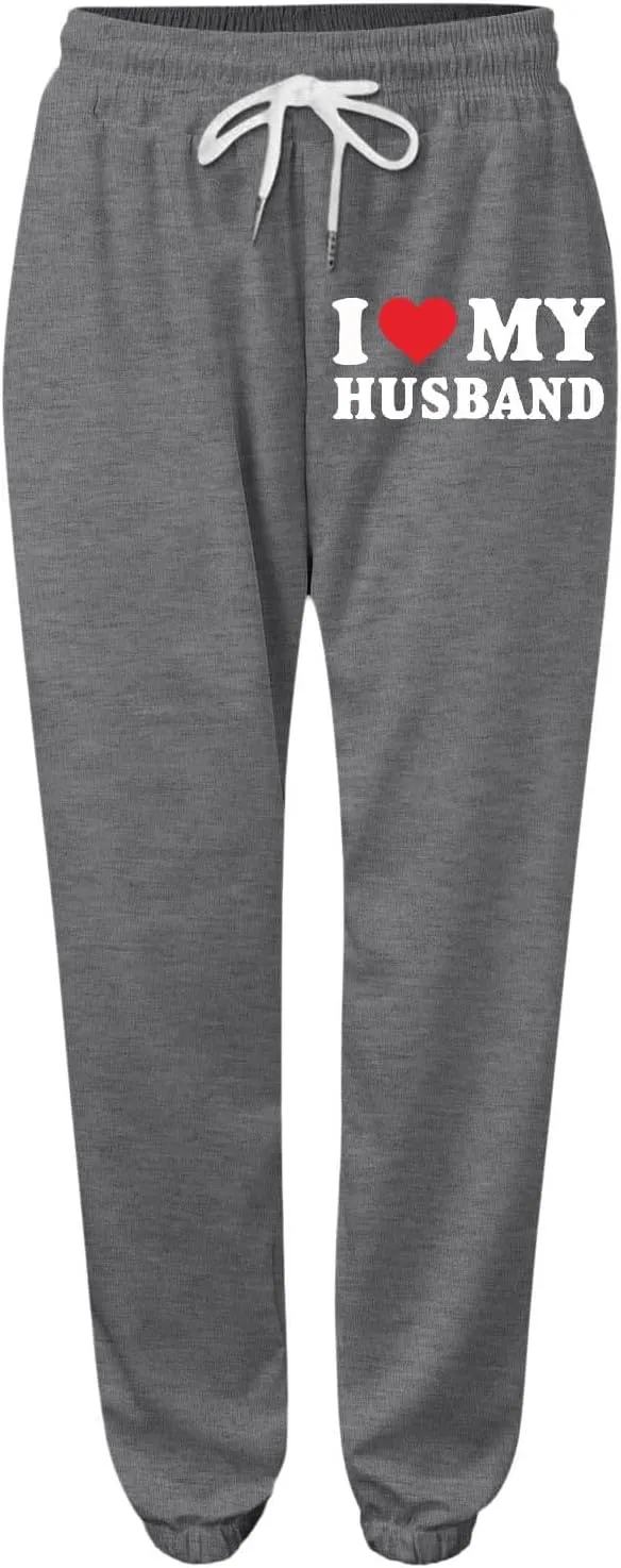 Sweatpants for Tall Women I Love My Husband Letter Print Drawstring Lounge Jogger Pants High Waist Baggy Trousers with Pocket