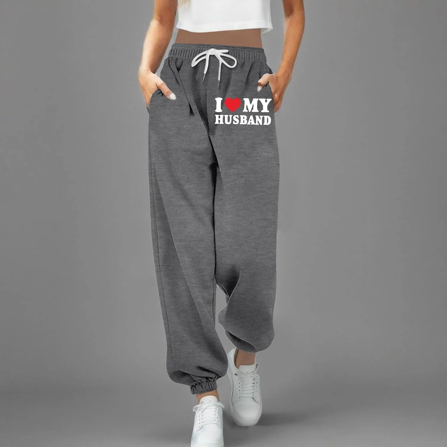 Sweatpants for Tall Women I Love My Husband Letter Print Drawstring Lounge Jogger Pants High Waist Baggy Trousers with Pocket