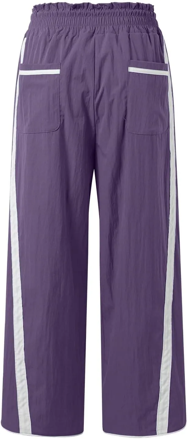 Sweatpants Women Stripe Plus Size Drawstring High Waist Casual Palazzo Pants Straight Wide Leg Trousers with Pocket