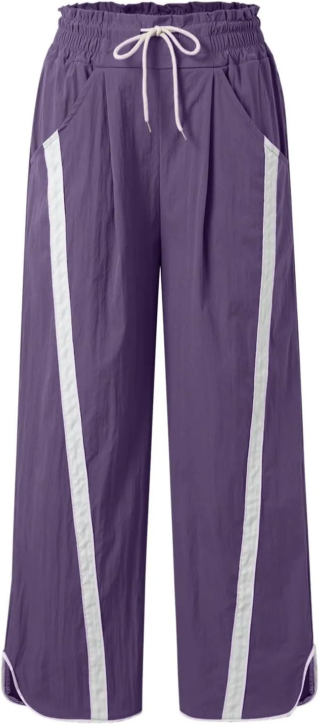 Sweatpants Women Stripe Plus Size Drawstring High Waist Casual Palazzo Pants Straight Wide Leg Trousers with Pocket