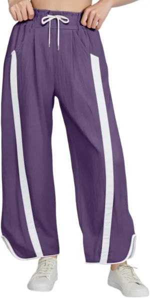 Sweatpants Women Stripe Plus Size Drawstring High Waist Casual Palazzo Pants Straight Wide Leg Trousers with Pocket