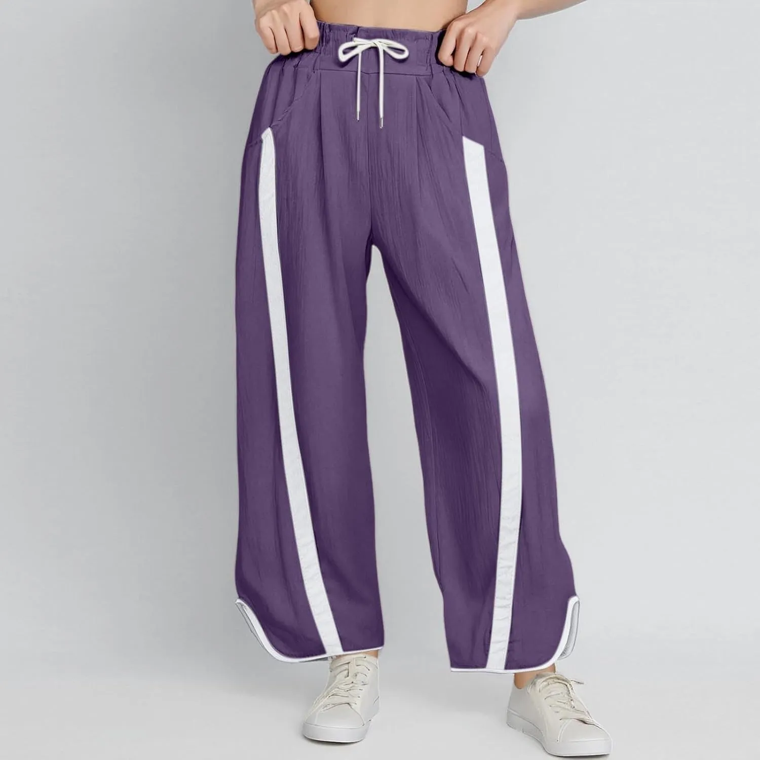 Sweatpants Women Stripe Plus Size Drawstring High Waist Casual Palazzo Pants Straight Wide Leg Trousers with Pocket