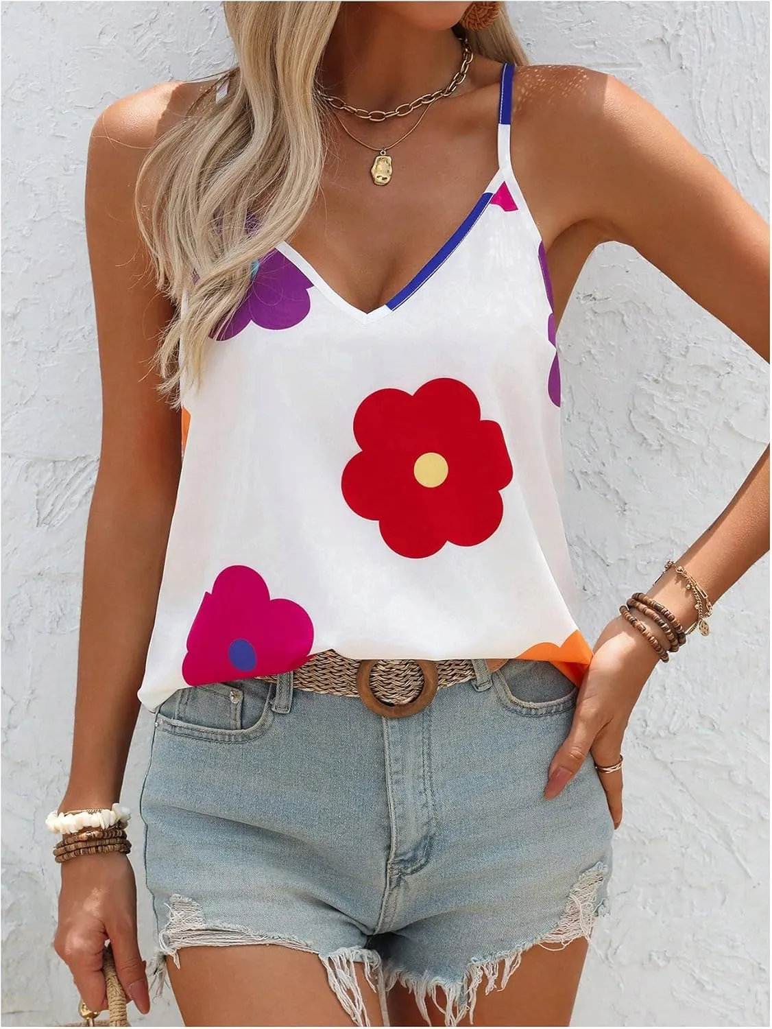 SweatyRocks Women's Floral Print Split Backless V Neck Sleeveless Boho Camisole Tops