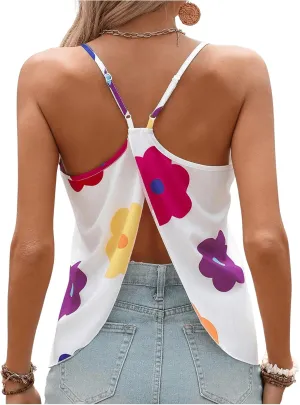 SweatyRocks Women's Floral Print Split Backless V Neck Sleeveless Boho Camisole Tops