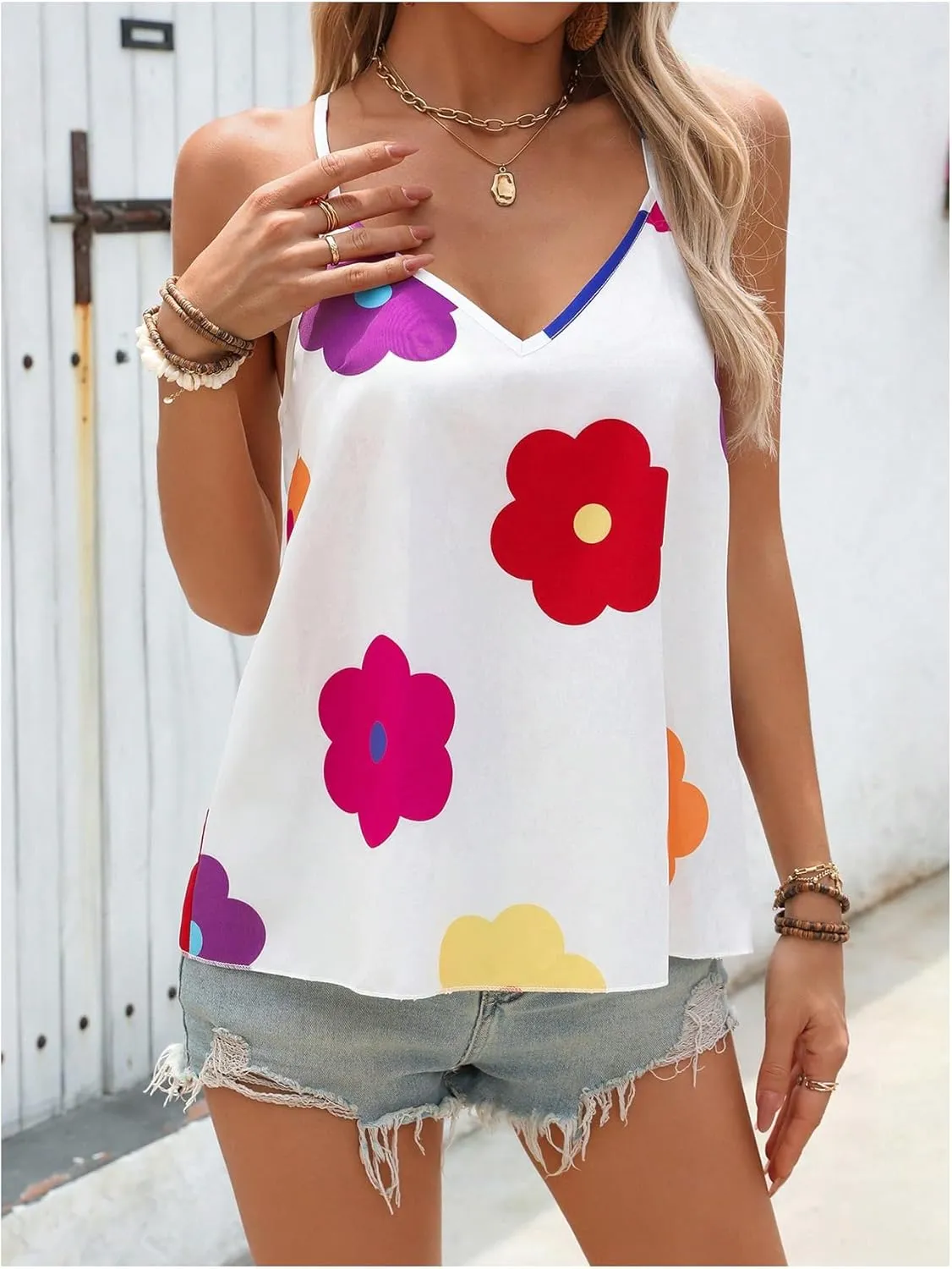 SweatyRocks Women's Floral Print Split Backless V Neck Sleeveless Boho Camisole Tops