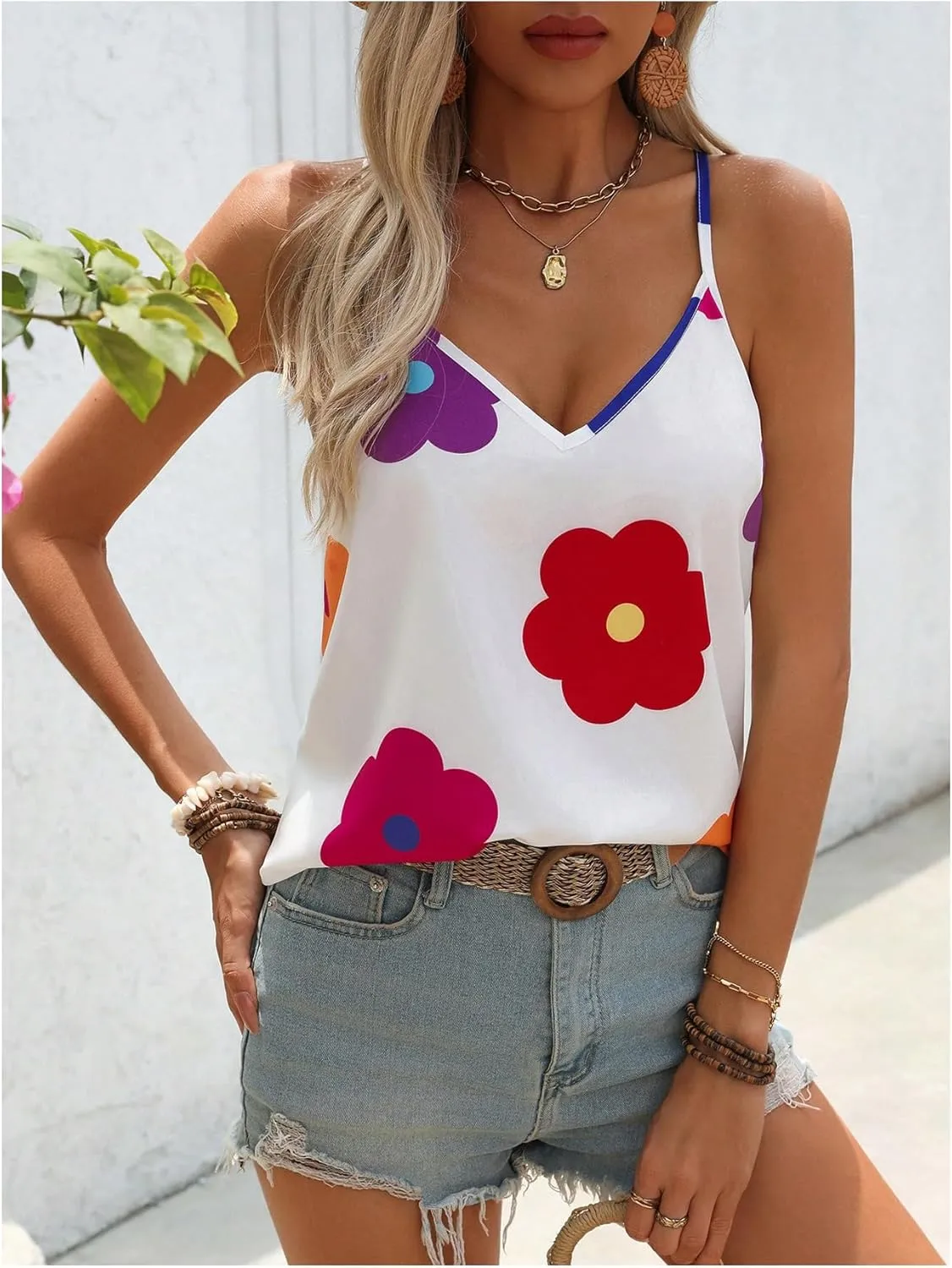 SweatyRocks Women's Floral Print Split Backless V Neck Sleeveless Boho Camisole Tops