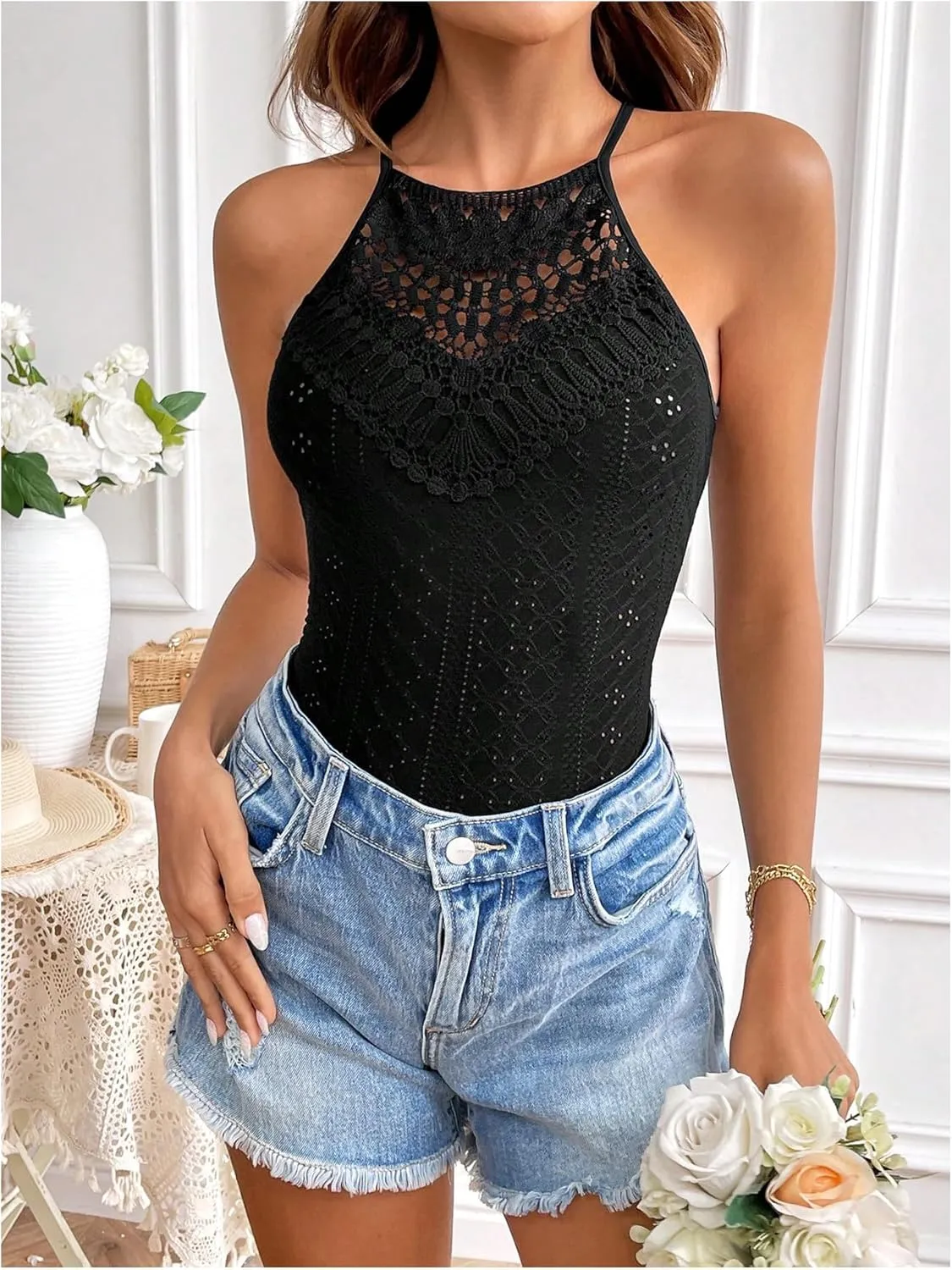 SweatyRocks Women's Lace Halter Tops Hollow Out Sleeveless Slim Fit Eyelet Beach Cami Top