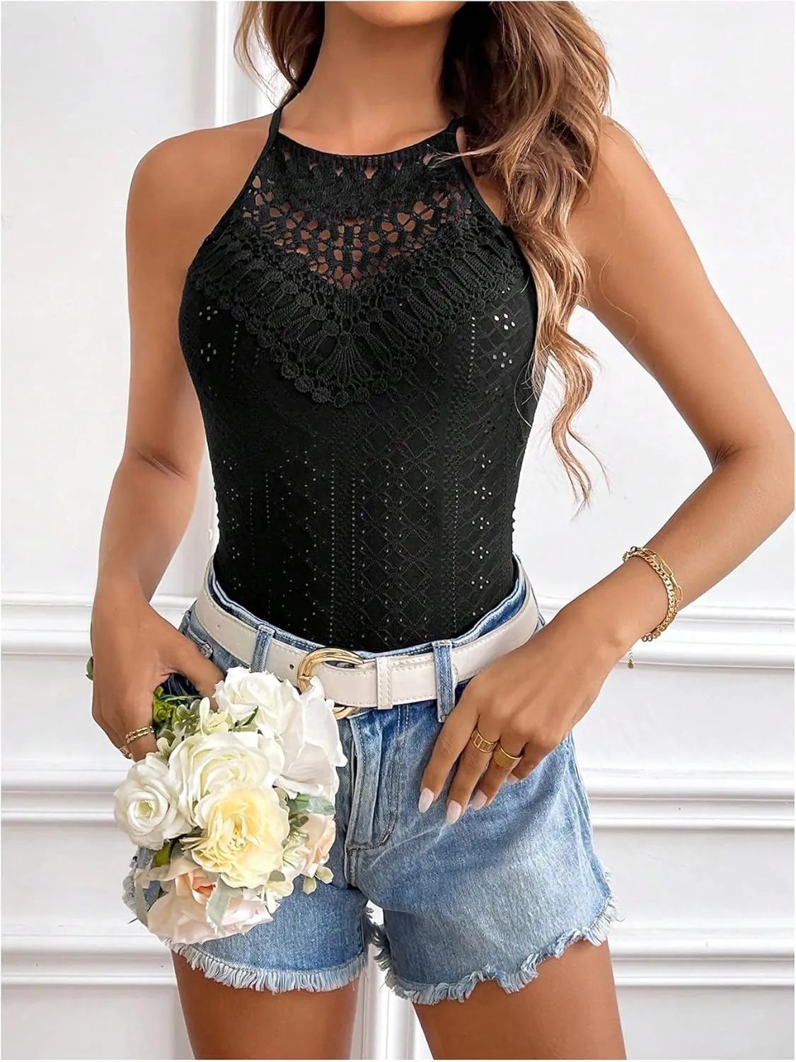SweatyRocks Women's Lace Halter Tops Hollow Out Sleeveless Slim Fit Eyelet Beach Cami Top