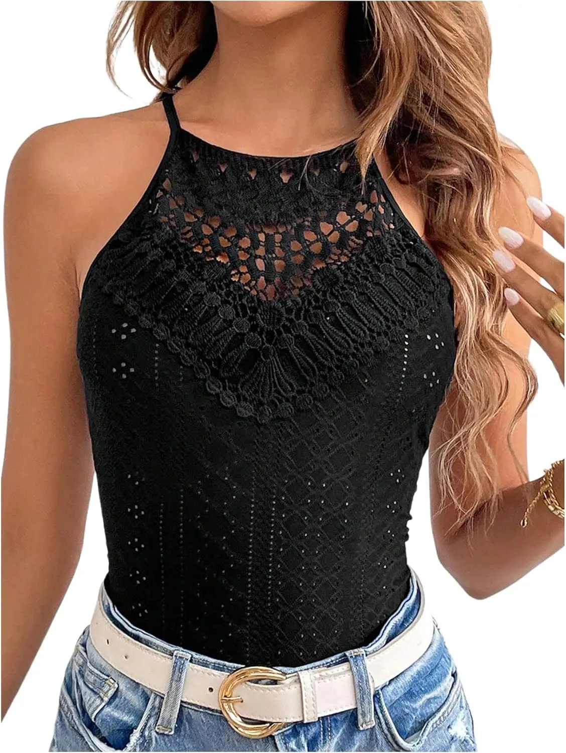 SweatyRocks Women's Lace Halter Tops Hollow Out Sleeveless Slim Fit Eyelet Beach Cami Top