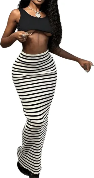 SweatyRocks Women's Striped Ribbed Knit Bodycon Maxi Skirt High Waisted Slimming Casual Long Skirts