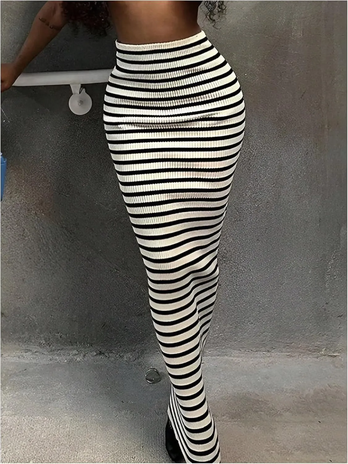 SweatyRocks Women's Striped Ribbed Knit Bodycon Maxi Skirt High Waisted Slimming Casual Long Skirts