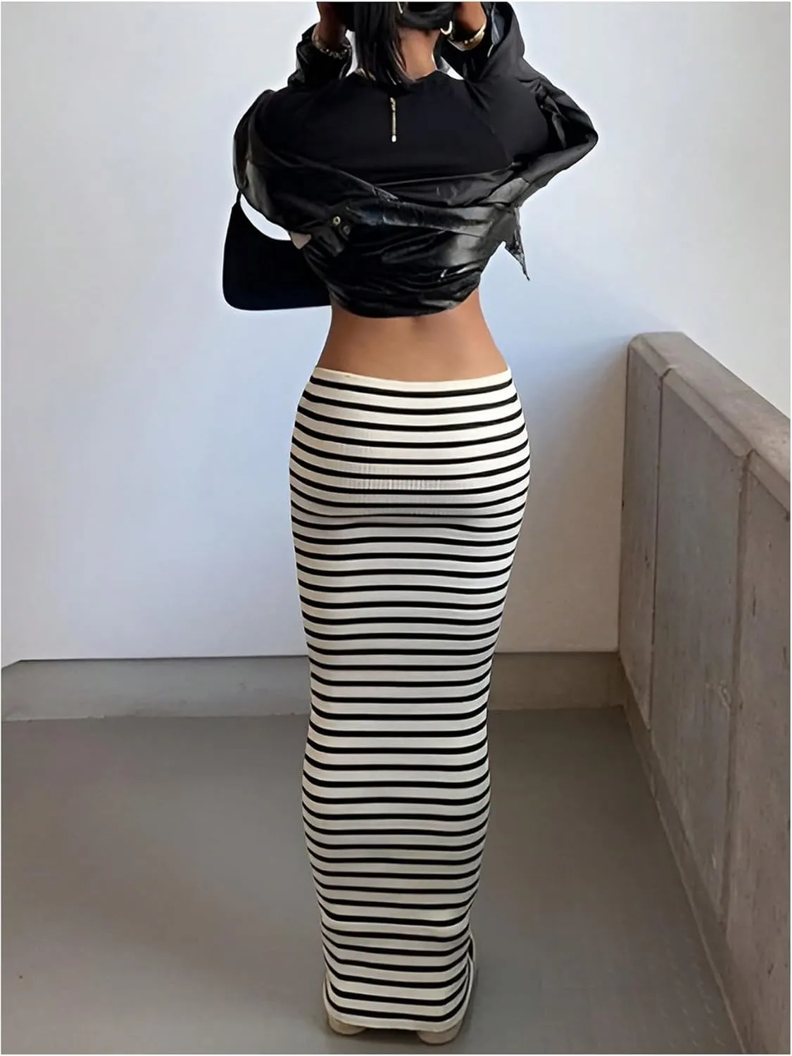 SweatyRocks Women's Striped Ribbed Knit Bodycon Maxi Skirt High Waisted Slimming Casual Long Skirts