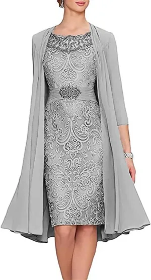 Tea Length Mother of The Groom Dresses for Wedding Plus Size 2 PC Beaded Chiffon Silver Formal Evening Gown with Jacket, US 16w