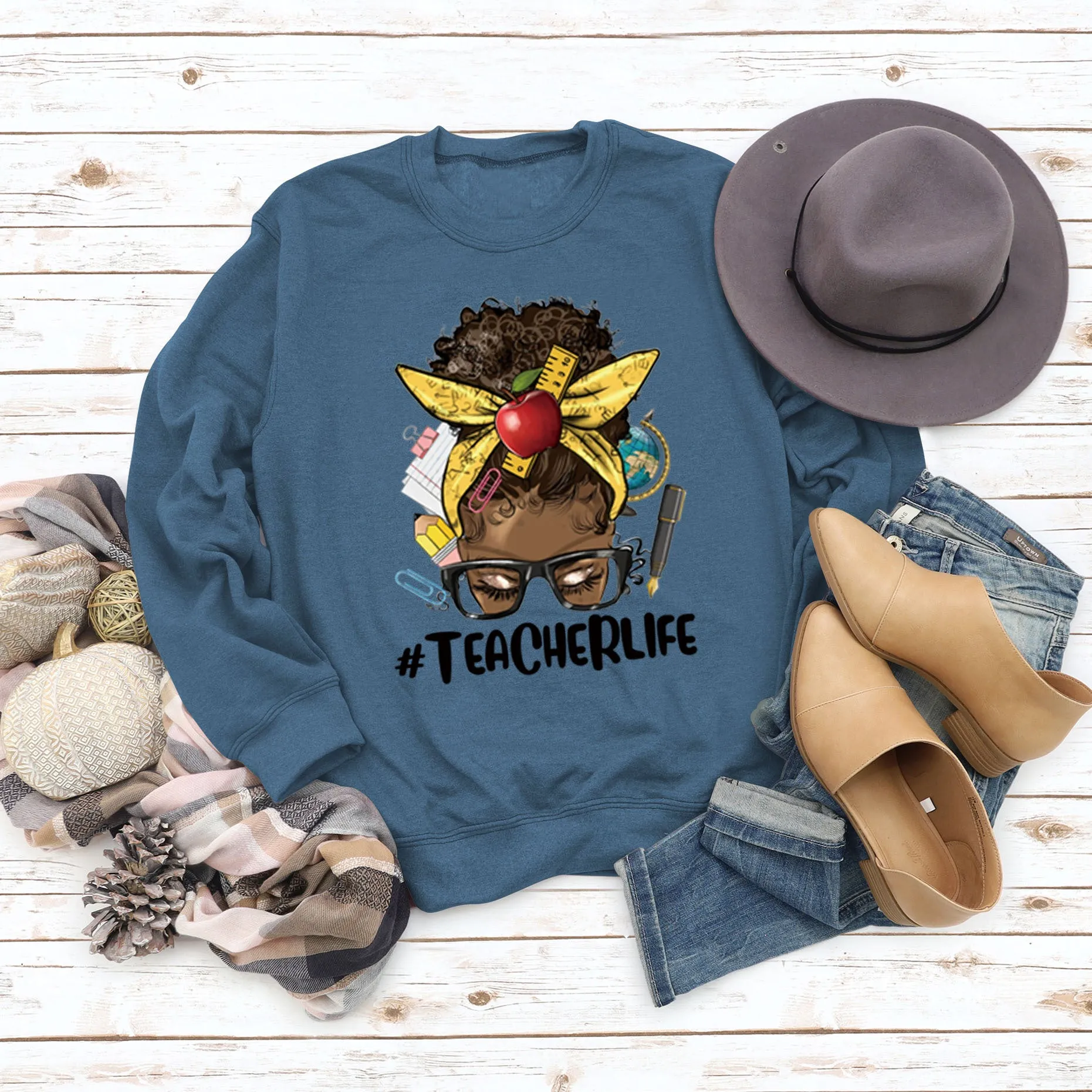 Teacherlife Apple Letter Print Loose Long Sleeve Sweater Girl