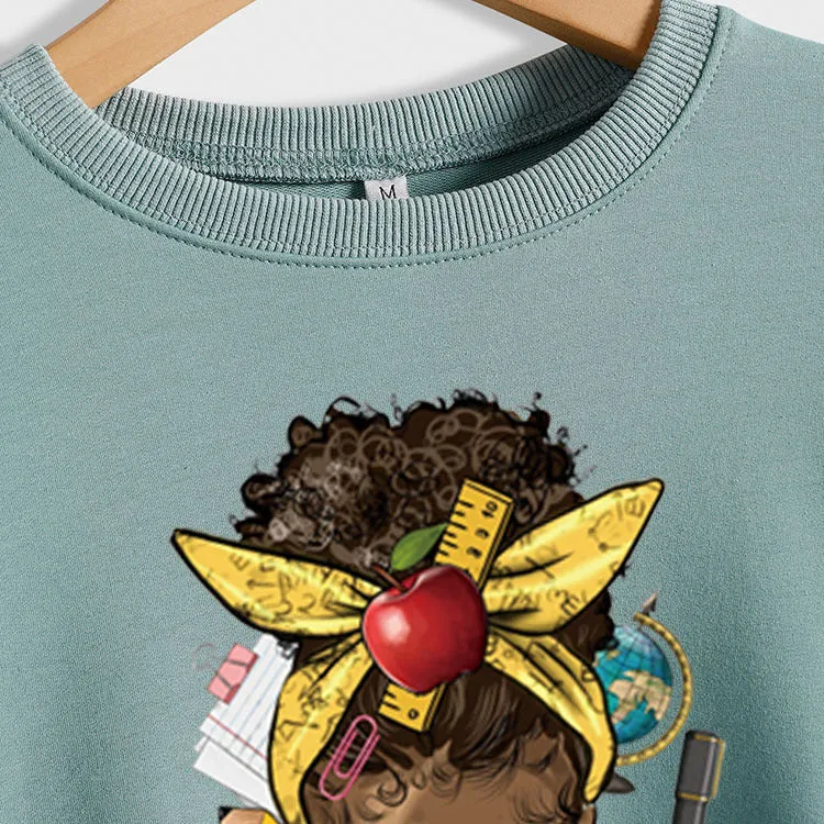 Teacherlife Apple Letter Print Loose Long Sleeve Sweater Girl