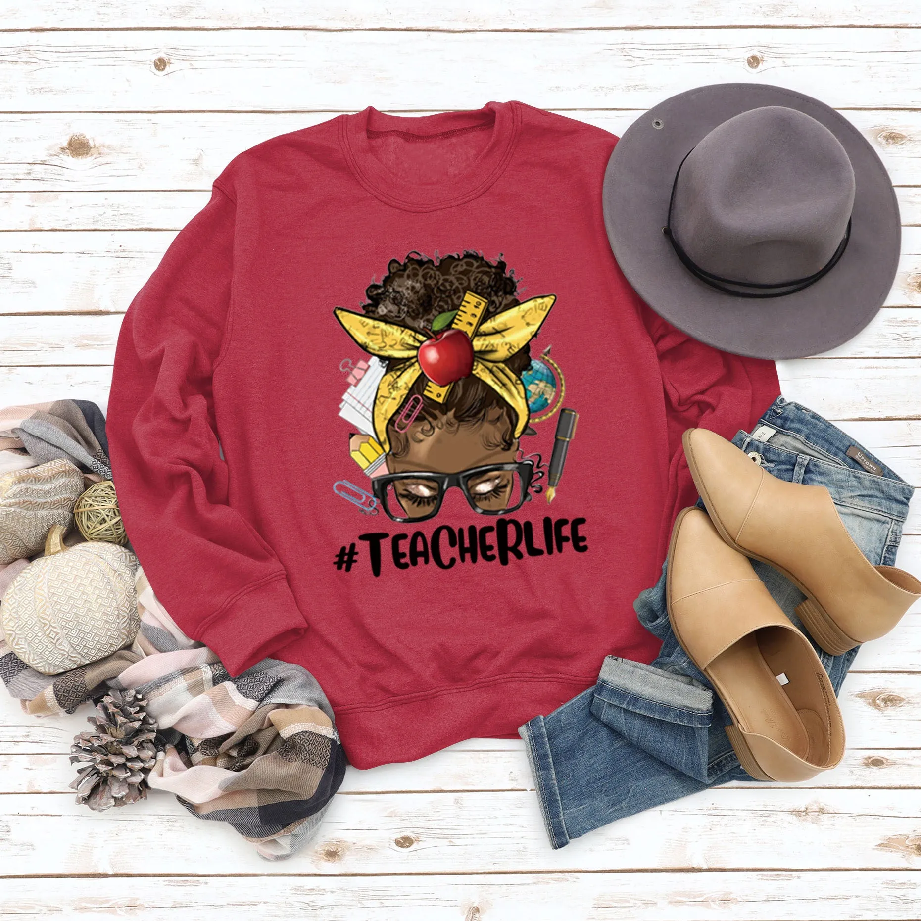 Teacherlife Apple Letter Print Loose Long Sleeve Sweater Girl