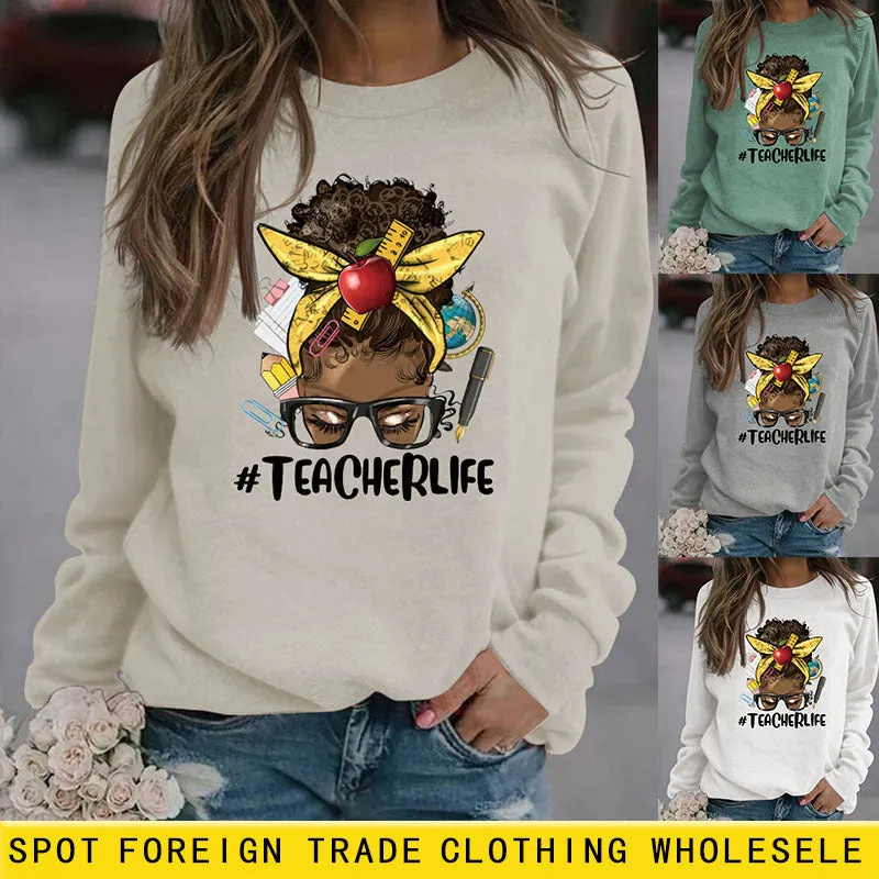 Teacherlife Apple Letter Print Loose Long Sleeve Sweater Girl