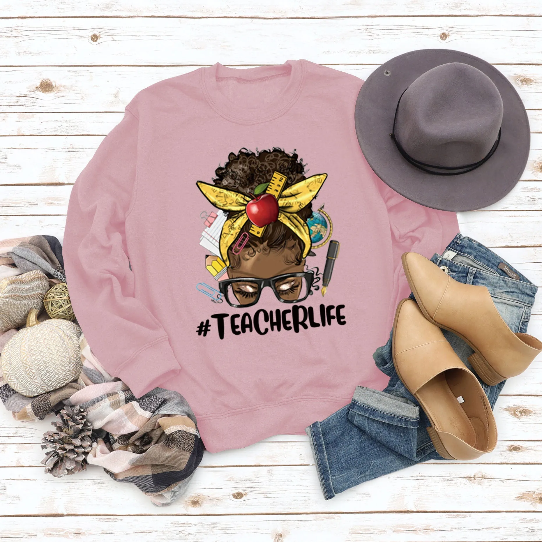 Teacherlife Apple Letter Print Loose Long Sleeve Sweater Girl