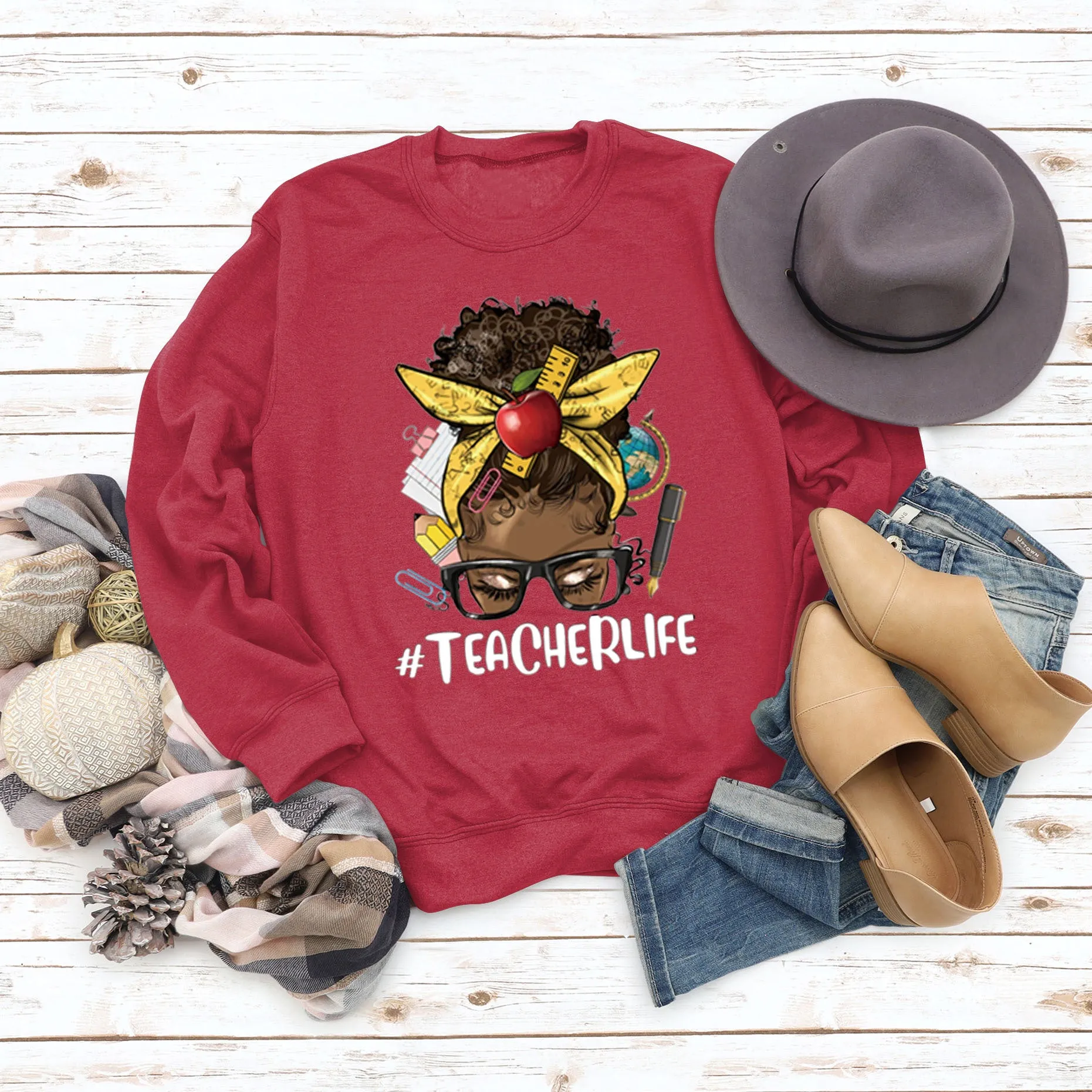 Teacherlife Apple Letter Print Loose Long Sleeve Sweater Girl