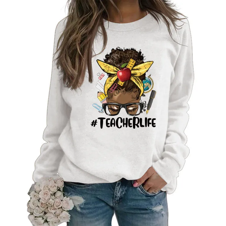 Teacherlife Apple Letter Print Loose Long Sleeve Sweater Girl