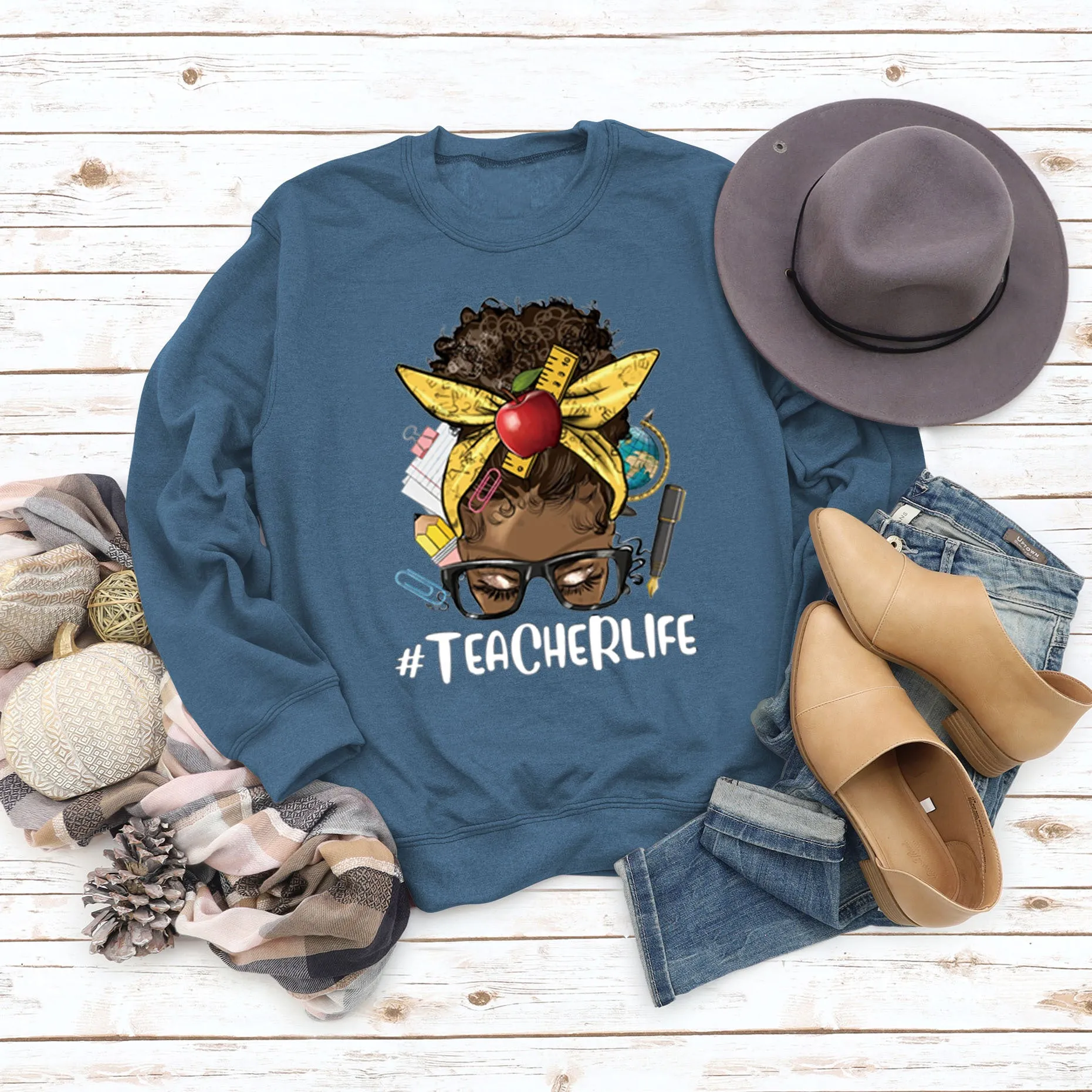 Teacherlife Apple Letter Print Loose Long Sleeve Sweater Girl