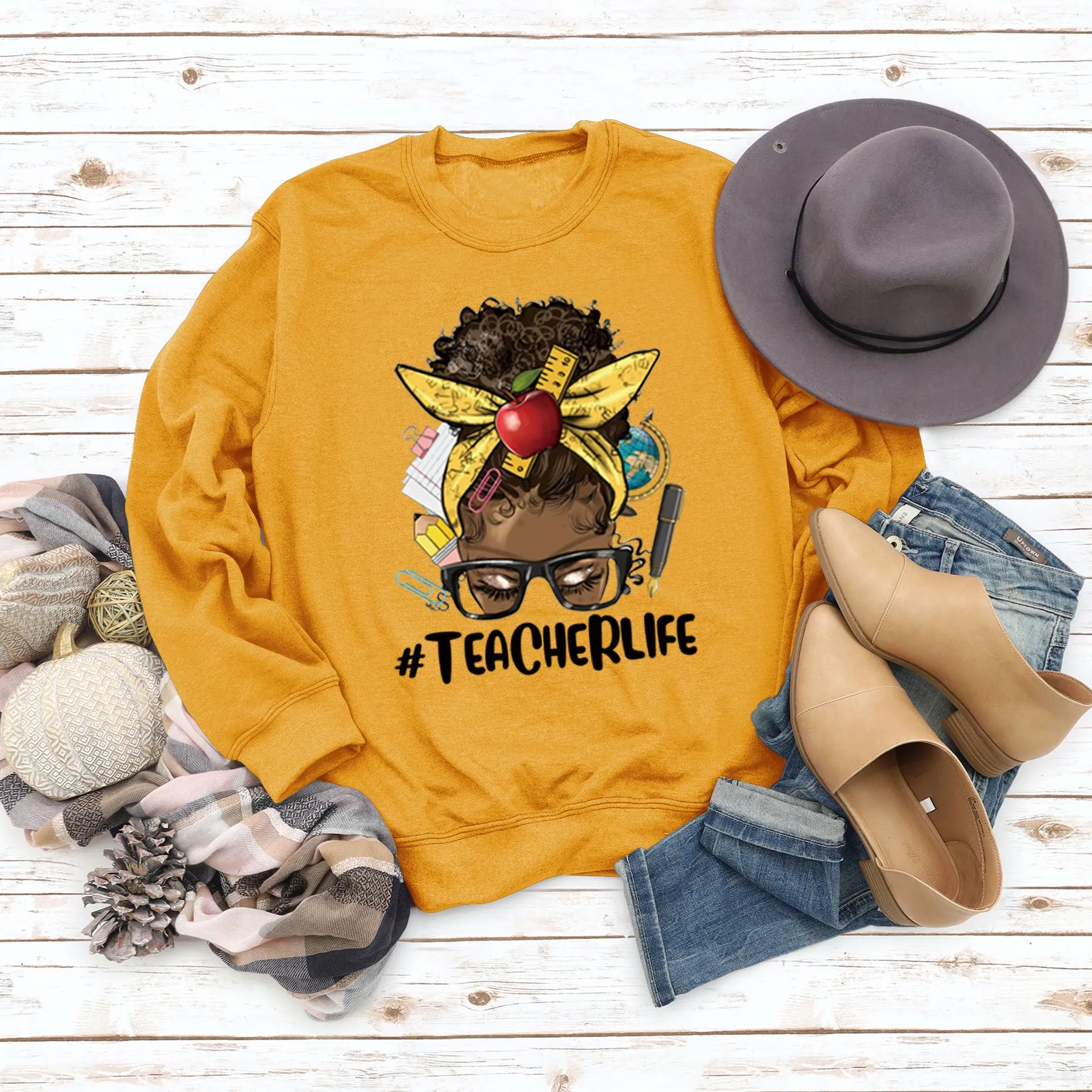Teacherlife Apple Letter Print Loose Long Sleeve Sweater Girl