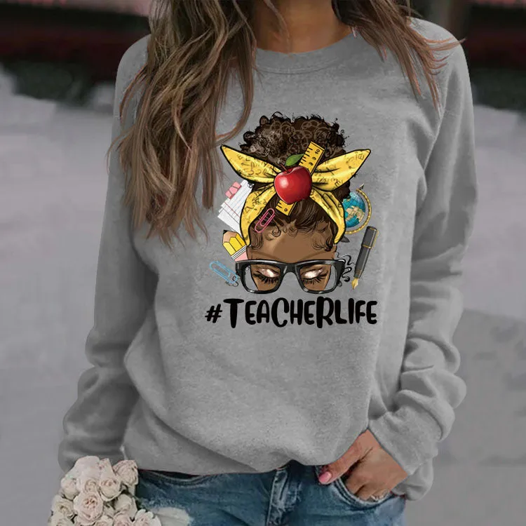 Teacherlife Apple Letter Print Loose Long Sleeve Sweater Girl