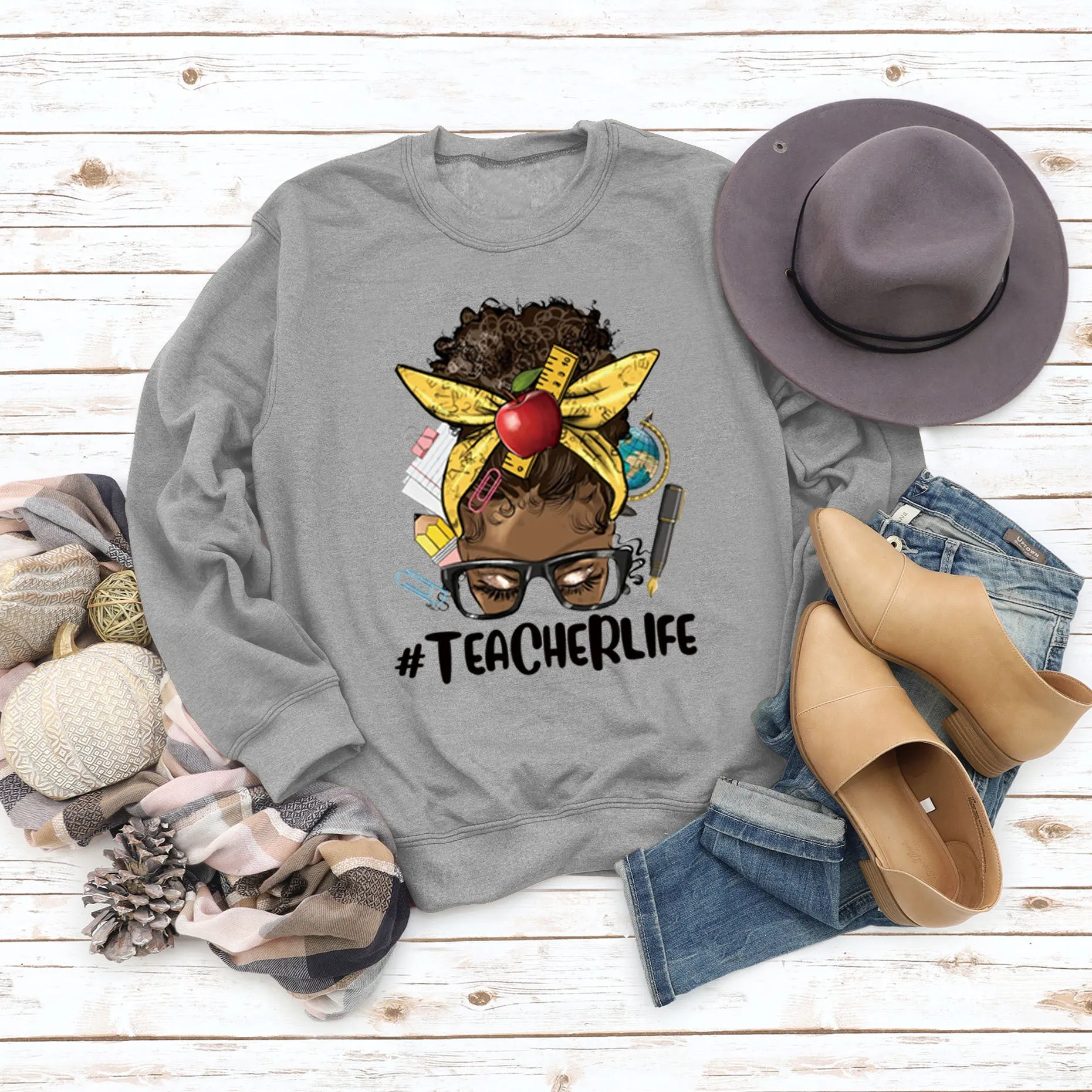 Teacherlife Apple Letter Print Loose Long Sleeve Sweater Girl