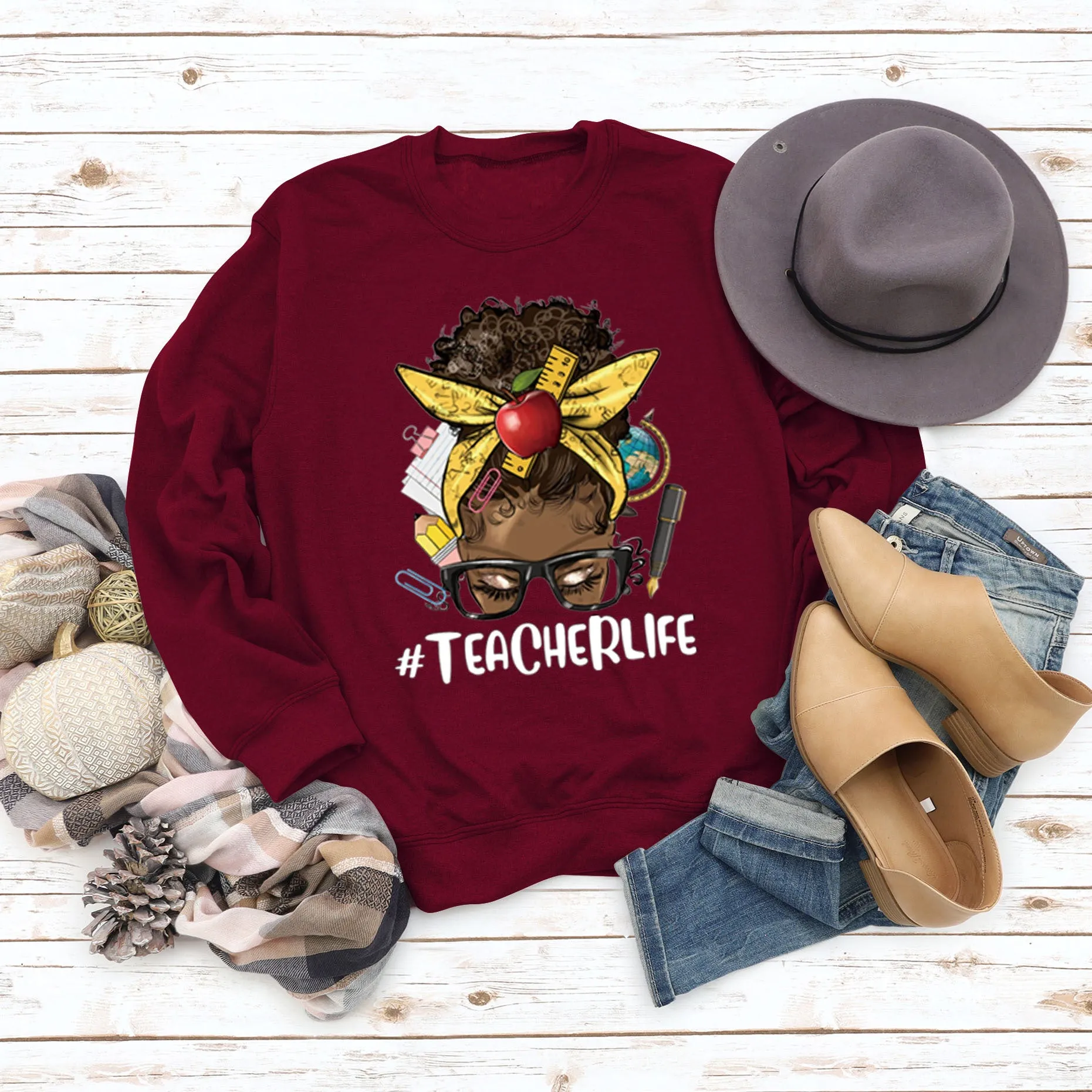 Teacherlife Apple Letter Print Loose Long Sleeve Sweater Girl