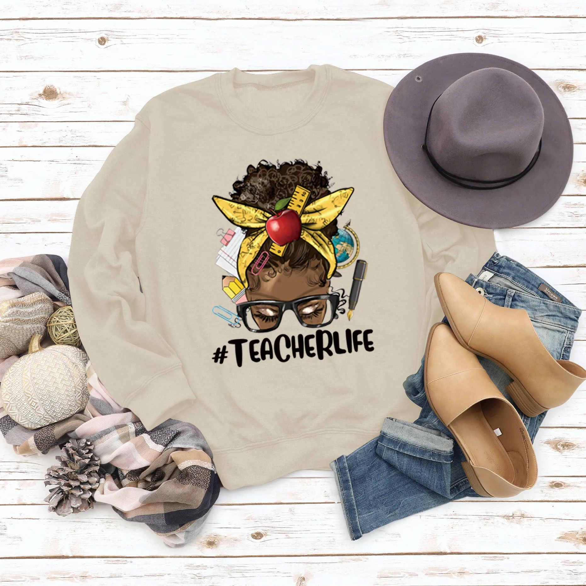 Teacherlife Apple Letter Print Loose Long Sleeve Sweater Girl