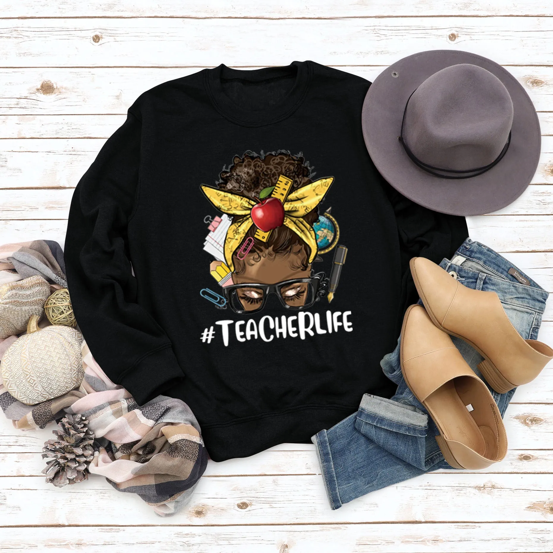 Teacherlife Apple Letter Print Loose Long Sleeve Sweater Girl